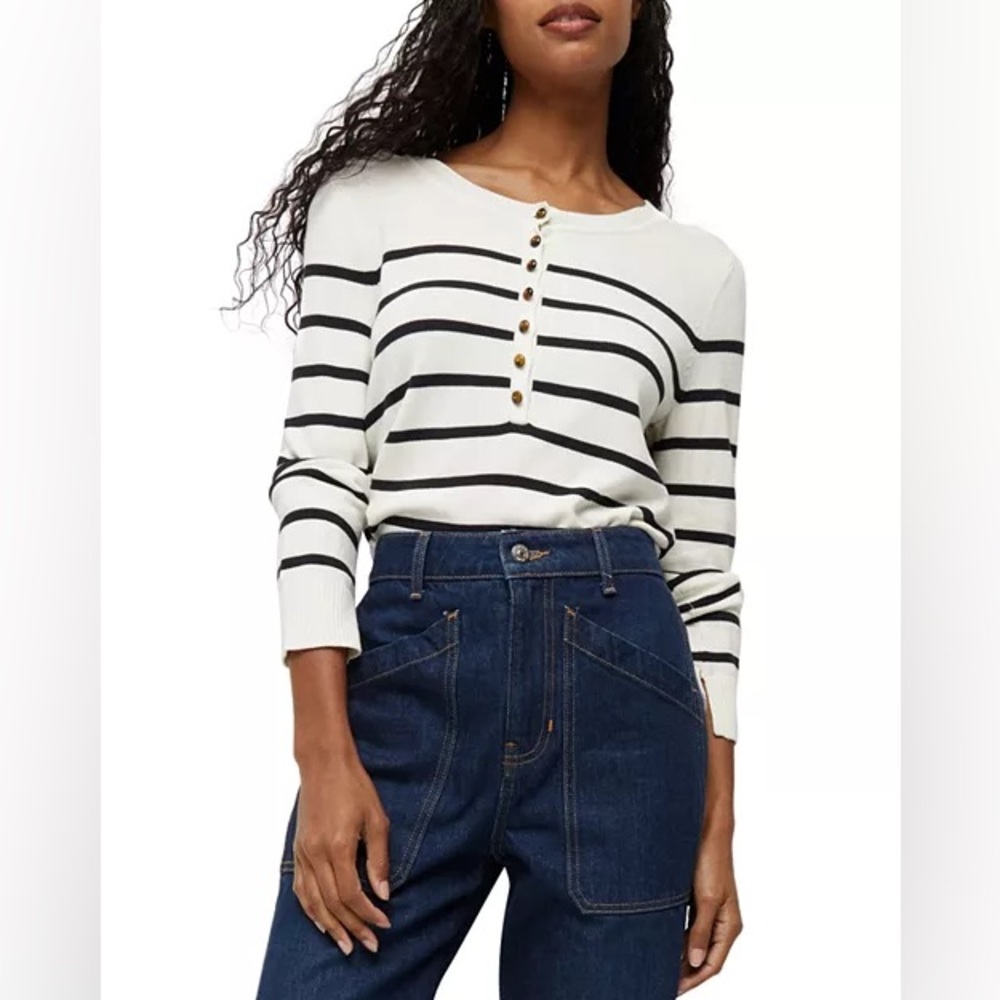Veronica Beard Ivory and Black Striped Henley Knit Top